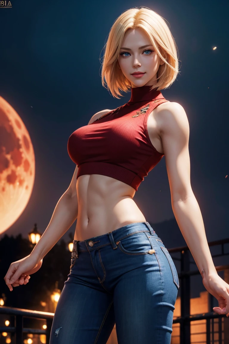 KOF,King of Fighters,Blue Mary,Blue Eyes,Blonde Hair,Medium Hair,Beautiful white skin,Photorealistic,Ultra HD,high quality,masterpiece,Digital SLR,Detailed details,Intricate details,Anatomical basis,Depicted in detail,A detailed face,Realistic skin texture,Vivid details,Perfect Anatomy,Perfect Anatomy,Anatomically correct hand,Anatomically correct fingers,Super Detail,Complex 3D rendering,Sexy pose,Red knit sleeveless top,jeans,Fantasy worldview,Beautiful red sea,Beautiful Red Moon,Beautiful night sky,Petals of roses dance,Picturesque,Pink Lips,smile,