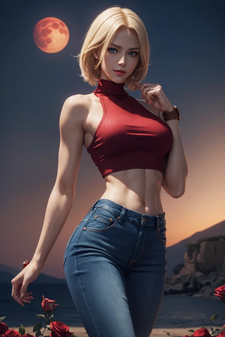 KOF,King of Fighters,Blue Mary,Blue Eyes,Blonde Hair,Medium Hair,Beautiful white skin,Photorealistic,Ultra HD,high quality,masterpiece,Digital SLR,Detailed details,Intricate details,Anatomical basis,Depicted in detail,A detailed face,Realistic skin texture,Vivid details,Perfect Anatomy,Perfect Anatomy,Anatomically correct hand,Anatomically correct fingers,Super Detail,Complex 3D rendering,Sexy pose,Red knit sleeveless top,jeans,Fantasy worldview,Beautiful red sea,Beautiful Red Moon,Beautiful night sky,Petals of roses dance,Picturesque,Pink Lips,smile,
