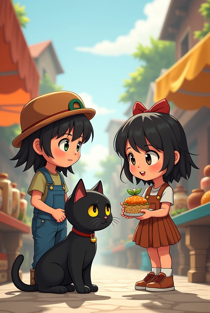 Cartoon, yellow-eyed cat with black body, cute girl with bangs, cute skinhead seller