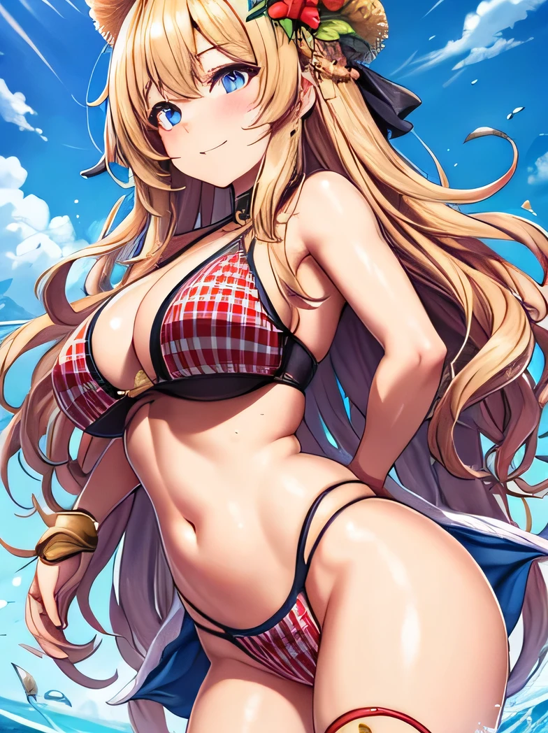 ((large boob)), tiny bikini, thick thigh, leaning forward, squished boob, chubby, belly, big butt, sweaty, cute face, small face, summer, long hair, blond hair, girl, sweaty, blue ocean, blue sky