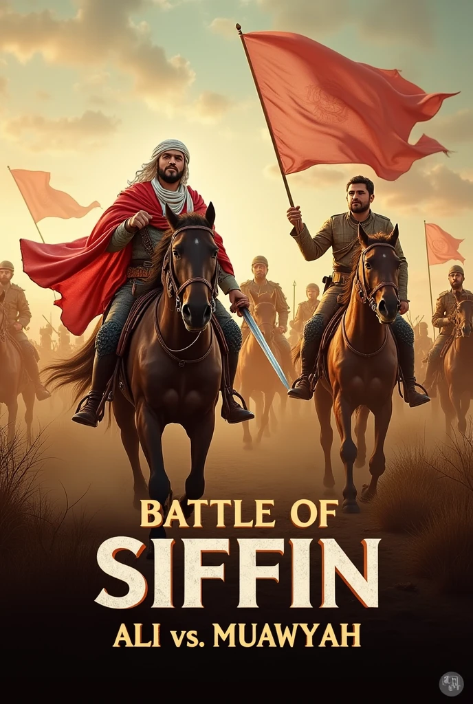 Sure! Here's a prompt you can use to generate a YouTube thumbnail for the Battle of Siffin between Ali and Muawiyah:

---

**Prompt:**

"Create a dramatic YouTube thumbnail for a video titled 'Battle of Siffin: Ali vs. Muawiyah'. The thumbnail should feature a fierce battlefield scene with Ali ibn Abi Talib and Muawiyah ibn Abi Sufyan as central figures. Ali should be depicted with a sword, symbolizing his leadership and bravery, while Muawiyah should be shown with a strategic stance, representing his tactical prowess. Include elements like soldiers, flags, and a desert backdrop to capture the historical context. Use bold, eye-catching text for the title, and ensure the overall design is visually striking and engaging."