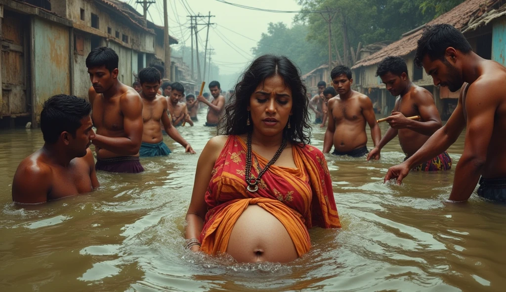 - একটি গর্ববতী বাংগালী মেয়ে পানিতে তলিয়ে যাচ্ছে, তাঁর মুখে ভয় ও আতঙ্ক প্রকাশ পাচ্ছে।
- চারপাশে কিছু মানুষ তাকে বাঁচানোর চেষ্টা করছে, তাদের হাতে সাঁতারের লাঠি বা দড়ি রয়েছে।
- পানির রঙ হতে পারে কাদা বা বর্ণবিচিত্র, পরিস্থিতির চাহিদা অনুযায়ী।
- ছবির পটভূমি হয়ে উঠতে পারে নদীর তীরে বা বন্যায় ক্ষতিগ্রস্ত এলাকায়।