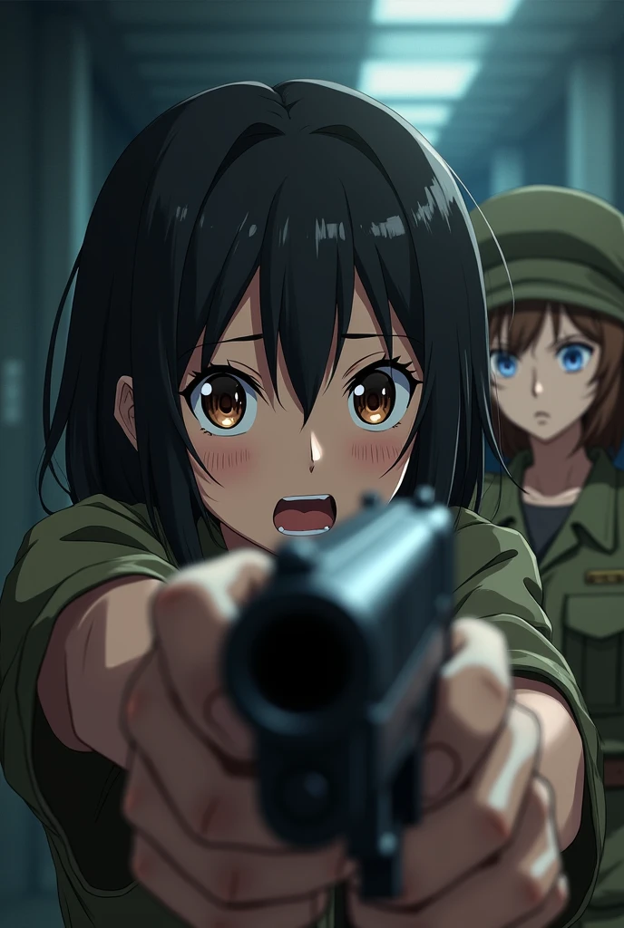 In the anime、FPS,ass pov,First-person view,Surprised face,He points a gun at a girl in a military uniform.,Watery eye