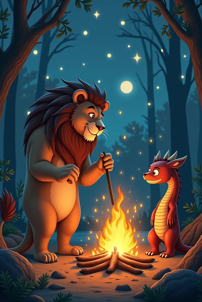 A campfire in which a lion a bear and a chines dragon is cooking a eagle