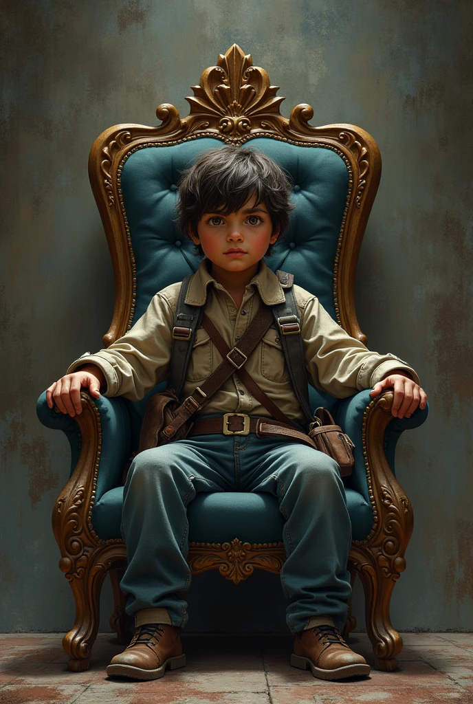 A rugged boy sitting in the grand chair in front of the wall was written by "KISHORE"