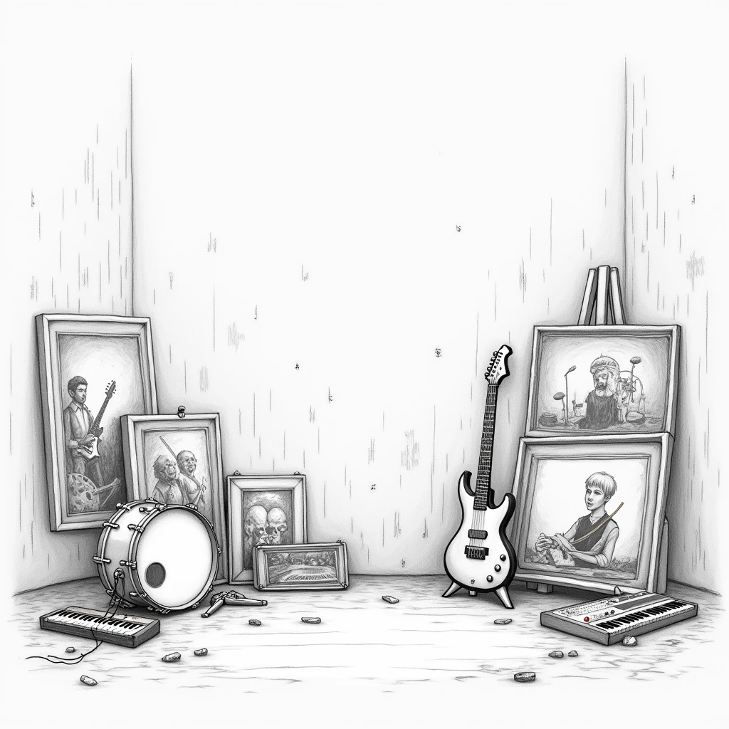A background with some paintings related to music, With drum, low, Keyboards and several other instruments. Pencil drawing.