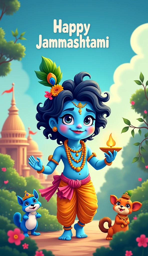 Make a happy janmashtami photo also write Happy Janmashtami on it and make it cartoonist and get rv some effect of blue and green colour