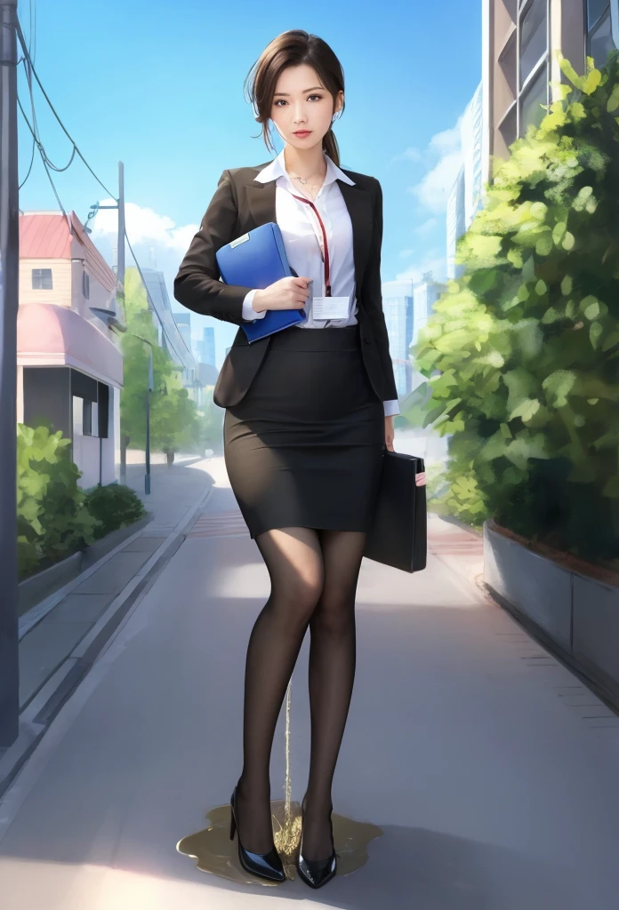 elegant, 1girl, realistic, peeing, Office lady, street, pee, skirt under pee, standing, 