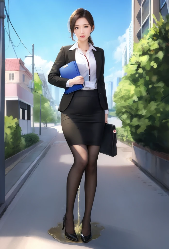 elegant, 1girl, realistic, peeing, Office lady, street, pee, skirt under pee, standing,