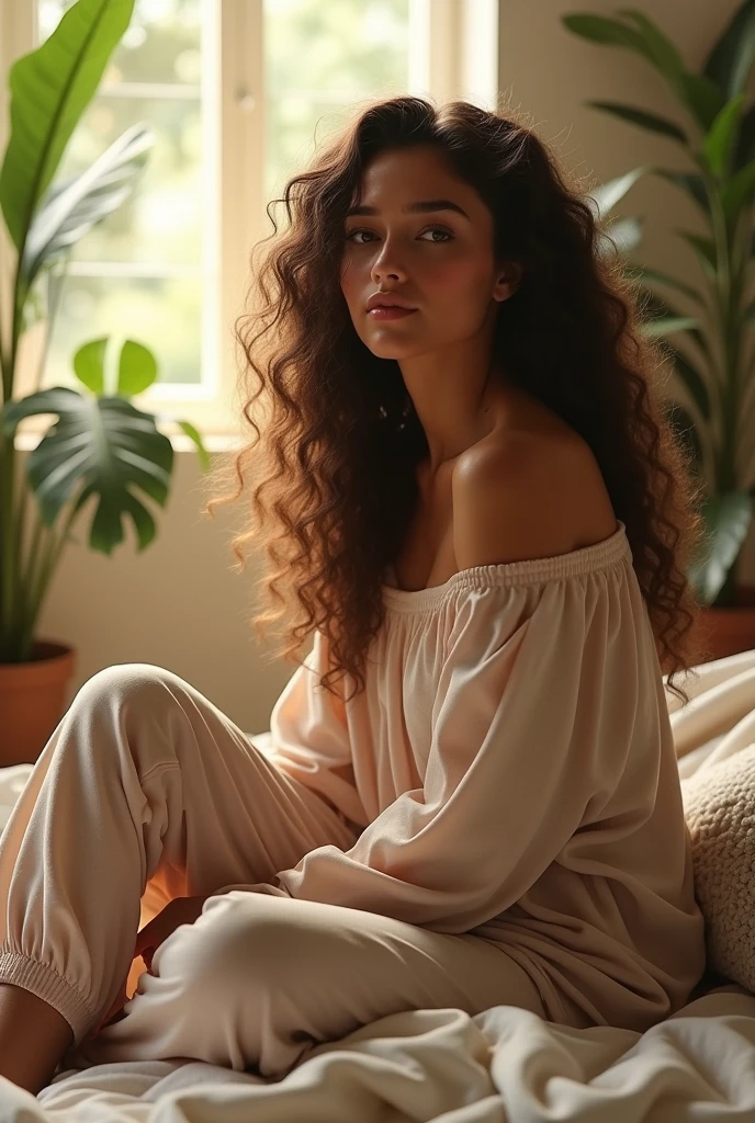 (photorealism:1.2), beautiful woman, sitting on bed, wearing loose off-shoulder top, pajama pants, long curly hair, indoors, soft lighting, plants in background, window with sunlight, cozy room, relaxed pose, realistic, intricate details, warm colors, by Greg Rutkowski, by Alphonse Mucha