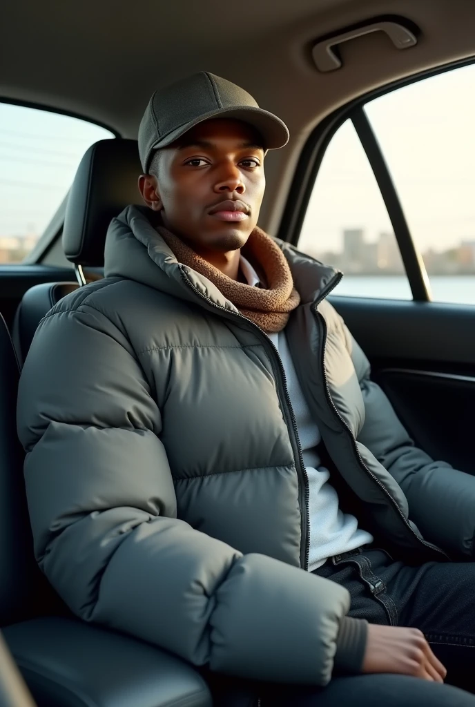 best qualityer:1.4), (ultra high resolution:1.2), (photorrealistic:1.4), (8k, CRU photo:1.2), ung black man, 20 years old. he is wearing a white shirt, gray puffer coat on top. He is wearing black jeans. Corte de cabelo buzzcut. He's wearing a gray cap backwards. He's wearing black sneakers. He is sitting in the back seat of the car. Corte de cabelo buzzcut. thin build. It's not blurry in the background. thin build. thin build. has 1.75 tall. There is a sun . best qualityer:1.4), (ultra high resolution:1.2), (photorrealistic:1.4), (8k, CRU photo:1.2), 1.75 tall. He is wearing a brown scarf