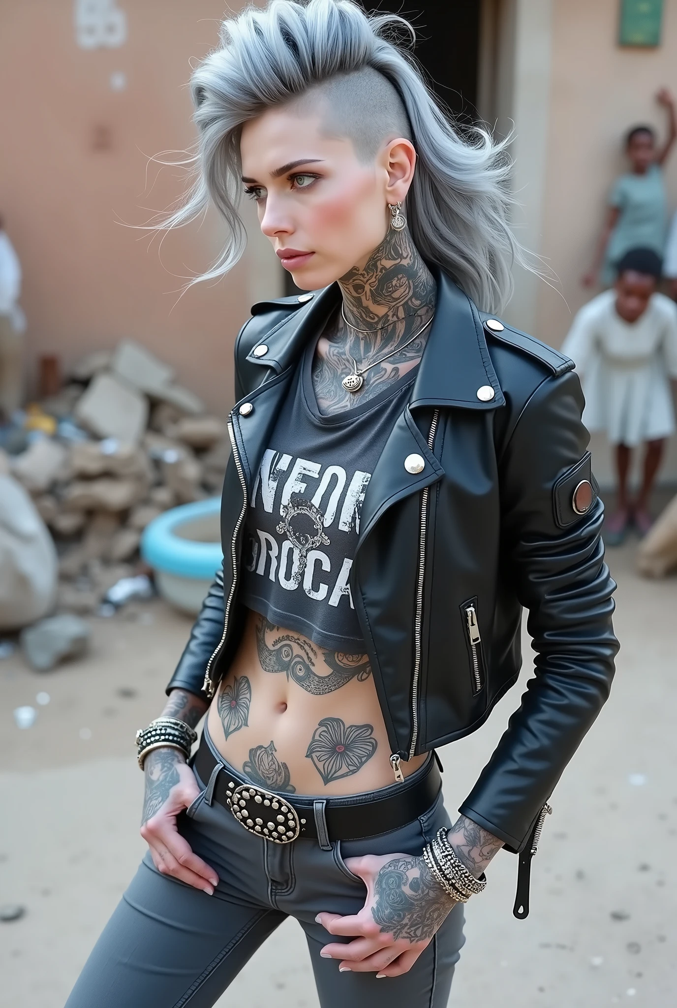 russian milf woman, grey hair (high pouf, shaved sides, top bun), with very light blue eyes, extremely pale skin. All neck tattooed. All stomach tattoed. All chest tattooed.All hands tattooed.Wearing aged black moto jacket with lots of zippers and pins, flipped up collar. Cropped dark grey t-shirt with rock band logo. Dark grey skinny low rise jeans.. wide black studded belt. hands in pockets, chin up, stretching her neck , humble facial expression.. Listening with tilted head, looking up to somebody more clever speaking to her. Well toned abdominals, thin neck, slim legs and thin arms. Narrow hips. Dirt street in Kenyan village full of waste. Lots of silver bracelets. A lot of tanned fat women in traditional dresses around looking down at her