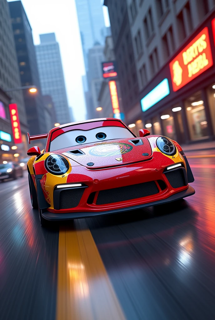 A Porsche GT3RS in Lightning McQueen livery drives along a street the paintwork is supposed to look like in the film but without eyes
