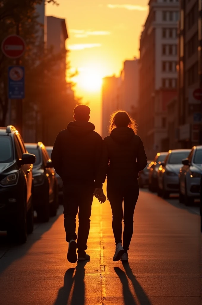Couple walking down the street before it gets dark outside at Sunset