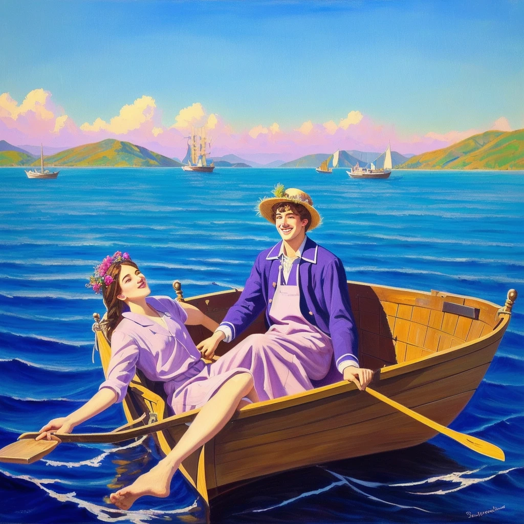 A painting of a handsome young man wearing a large light brown hat, sitting in a wooden boat in the middle of a bright blue sea. He looks to the right of the painting with a shocked expression. There is a young woman sleeping in his arms. She is wearing a crown of pink flowers and has a blue-green fishtail that reflects the sunlight beautifully. The background is a purple-blue sky with sparse white clouds floating. The sunlight shines down on the boat, creating soft shadows. The overall painting looks happy and romantic.