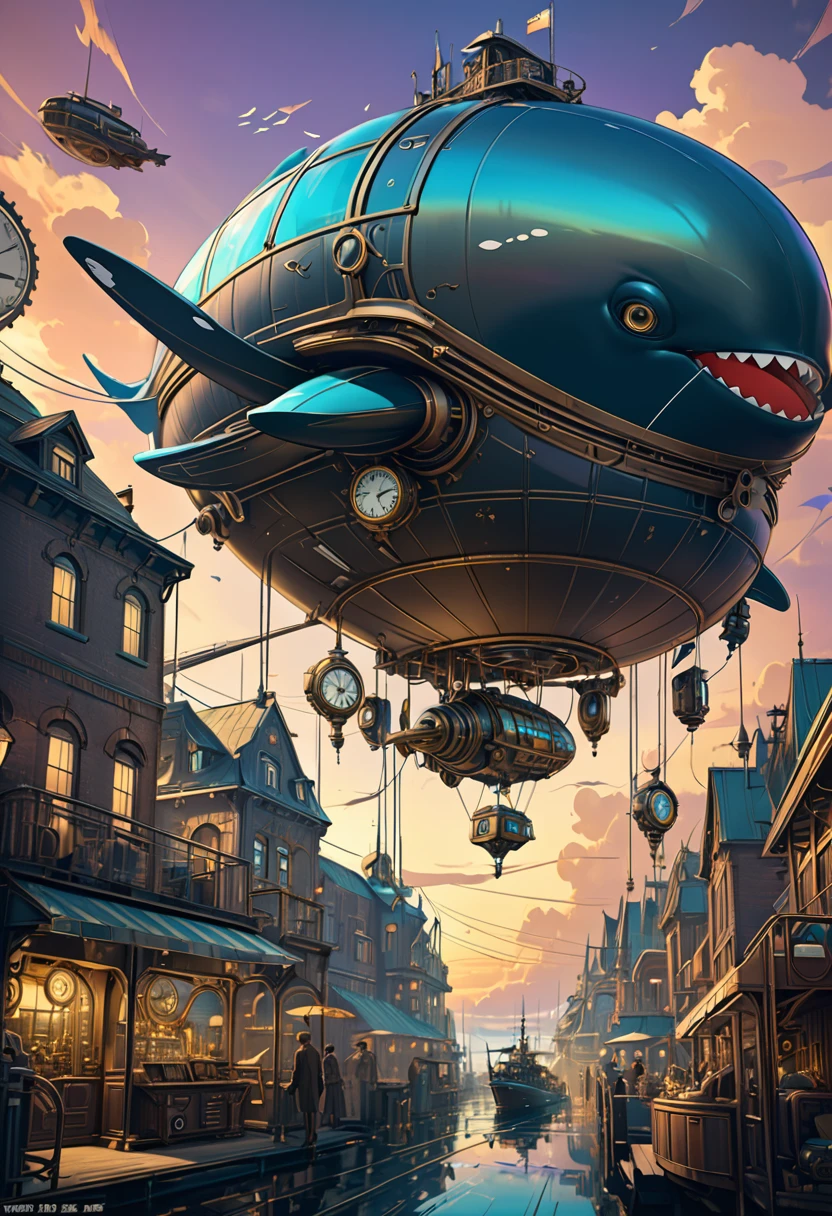 Mechanical Flying Whale, steampunk, Dieselpunk, Clockpunk, Mysterious color scheme, Twilight light effect, Conceptual installation fantasy art, 2.5D, delicate and dynamic、16K, Ultra-high resolution, Ultra-high resolution, to be born,wonderful ,future、Iridescent、The world 30 years from now
