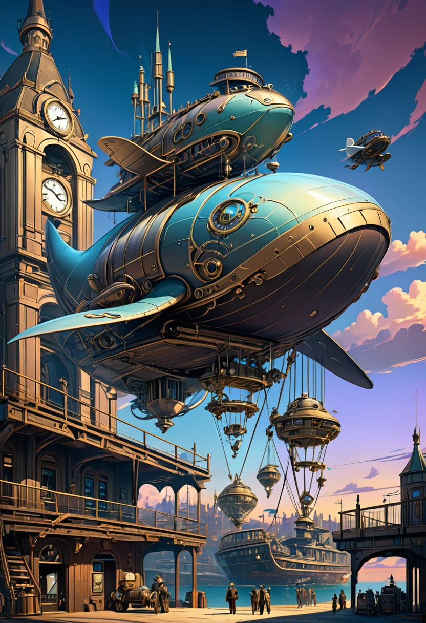 Mechanical Flying Whale, steampunk, Dieselpunk, Clockpunk, Mysterious color scheme, Twilight light effect, Conceptual installation fantasy art, 2.5D, delicate and dynamic、16K, Ultra-high resolution, Ultra-high resolution, to be born,wonderful ,future、Iridescent、The world 30 years from now