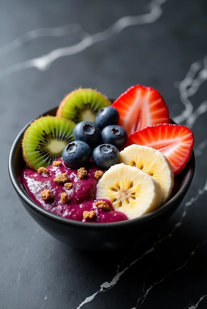 Instagram style、Black marble top、Acai bowl、Topped with kiwi, banana, strawberry and blueberry.、Ultra HD、Aspect ratio 3:4