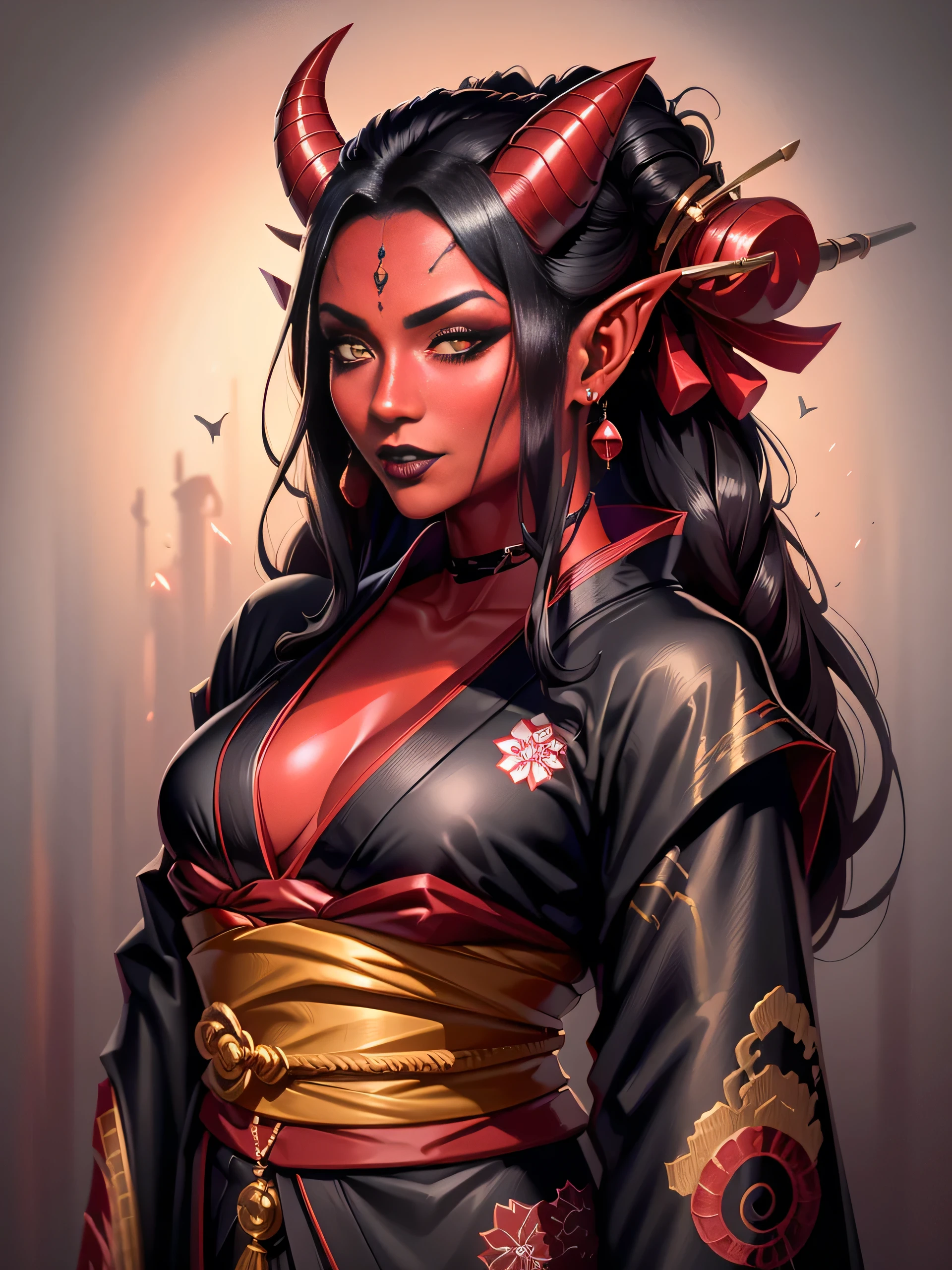 1girl, female, solo, tiefling, ((red skin, red colored skin, deep red skin)), Woman, jewelery, ear piercings, (straight black horns, black oni horns), black hair, long hair, yellow eyes, black lips, choker, goth, horn ornament, armour, ((master piece, best quality)), horns, pointed ears, make-up, black lipstick, (face detailed), face focus, portrait, fully body, (kimono:1.2), wearing black kimono, long flowing kimono, natural breasts, medium breasts, (red skin)