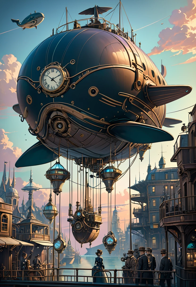 Mechanical Flying Whale, steampunk, Dieselpunk, Clockpunk, Mysterious color scheme, Twilight light effect, Conceptual installation fantasy art, 2.5D, delicate and dynamic、16K, Ultra-high resolution, Ultra-high resolution, to be born,wonderful ,future、Iridescent、The world 30 years from now