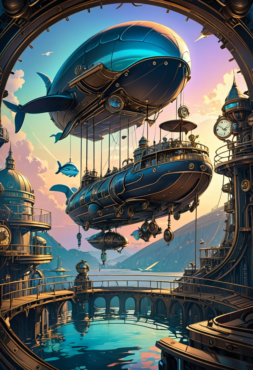 Mechanical Flying Whale, steampunk, Dieselpunk, Clockpunk, Mysterious color scheme, Twilight light effect, Conceptual installation fantasy art, 2.5D, delicate and dynamic、16K, Ultra-high resolution, Ultra-high resolution, to be born,wonderful ,future、Iridescent、The world 30 years from now