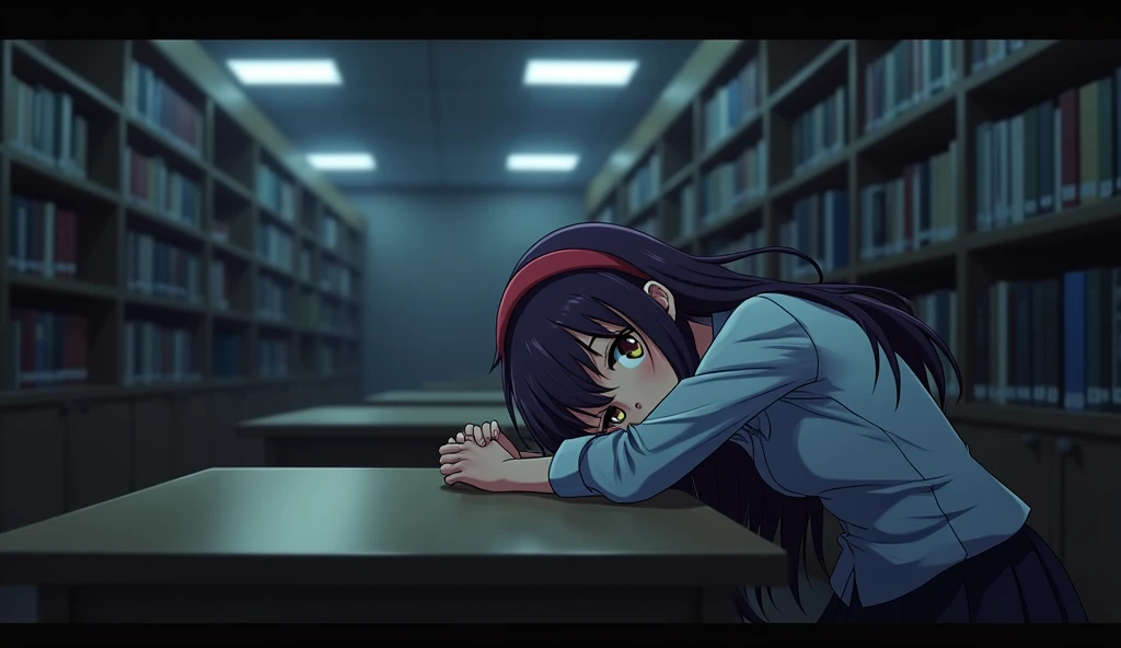 May ((A female student with long, dark purple hair that reaches the middle of her back. She always wears a red headband. She have a brown eyes color. She is wearing a shirt and a black skirt.)) suddenly suddenly wakes up to a strange noise. She rubs her eyes and looks around the library, which now seems different. The dim lights create a scary atmosphere. She feels uneasy and notices that more time has passed than she thought. Her face was slightly puzzled.
