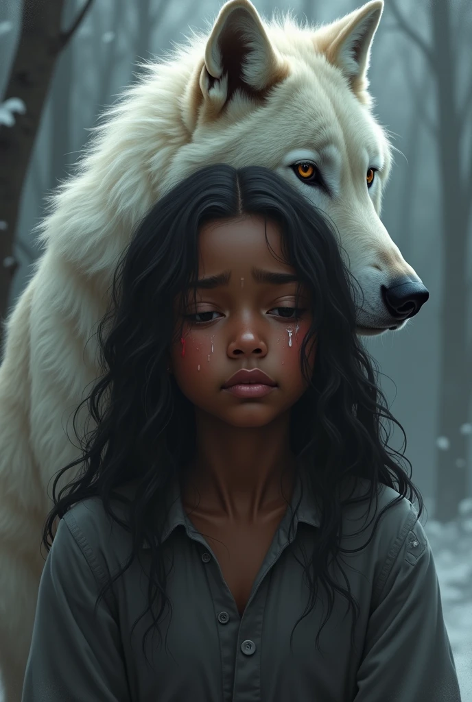 Une fille noire qui pleure avec un loup blanc derrière