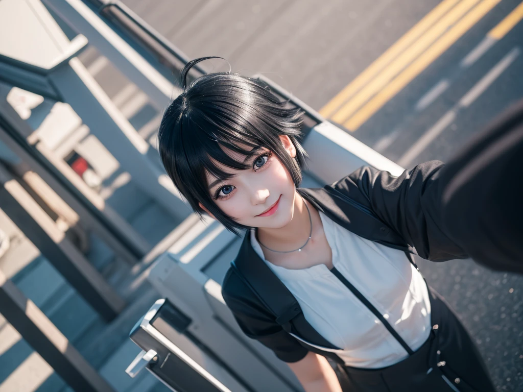 Makoto Shinkai, black hair, hair bobbles, wince, longeyelashes, solid circle eyes, flight smile, ear blush, ccurate, anime style, drop shadow, pov, atmospheric perspective, anime, 8k, best quality