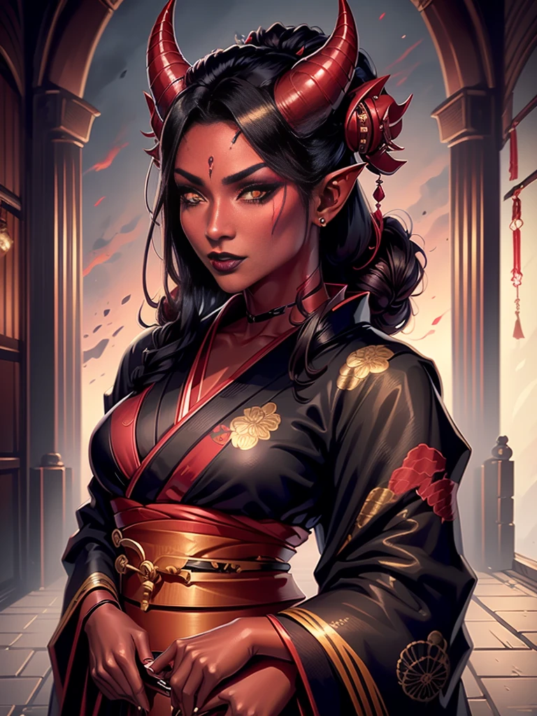 1girl, female, solo, tiefling, ((red skin, red colored skin, deep red skin)), Woman, jewelery, ear piercings, (, straight black horns, black oni horns), black hair, long hair, yellow eyes, black lips, choker, goth, horn ornament, armour, ((master piece, best quality)), horns, pointed ears, make-up, black lipstick, (face detailed), face focus, portrait, fully body, wearing black kimono, long flowing kimono, natural breasts, medium breasts, (red skin)