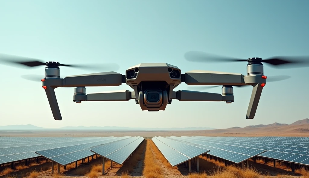 Aerial photography of a heavy industrial drone, large and imposing, hovering above a vast solar panel field, (full body framing of the drone:1.2), expansive solar farm landscape, under bright midday sunlight, shot from a slightly elevated angle, on a DJI Mavic 3 with a wide-angle lens, (high dynamic range:1.3), (saturated colors:1.2), in the style of (Edward Burtynsky:1.4)