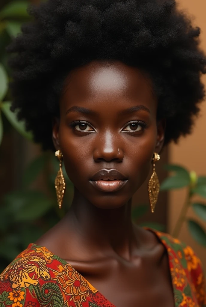 The embodiment of African beauty, her skin a deep, velvety ebony and her eyes a mesmerizing shade of brown, radiating confidence and allure.