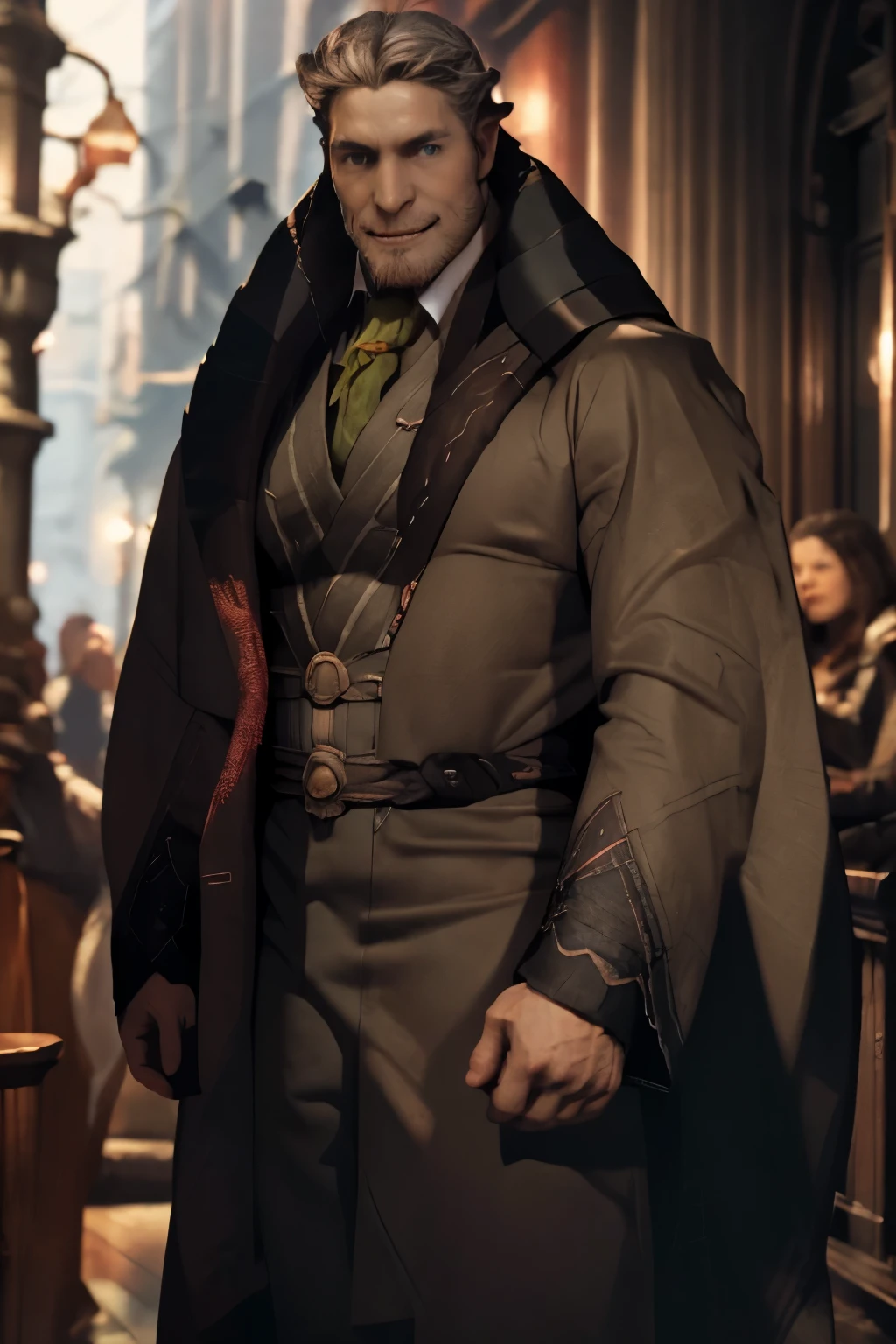 1man, vampire, handsome, pale grey skin, prominent muscular body, seems longer fangs, smile, shining red eyes, Art Nouveau Style, wearing Nouveau Suitcoat paired in Psychedelic shoulders robe and covered up, nouveau-psychedelic background, hd, high quality, realistic-style, ultra-realistic, hyperrealistic, closer distance face, closer distance head, his distance pressing against me, 8k resolution