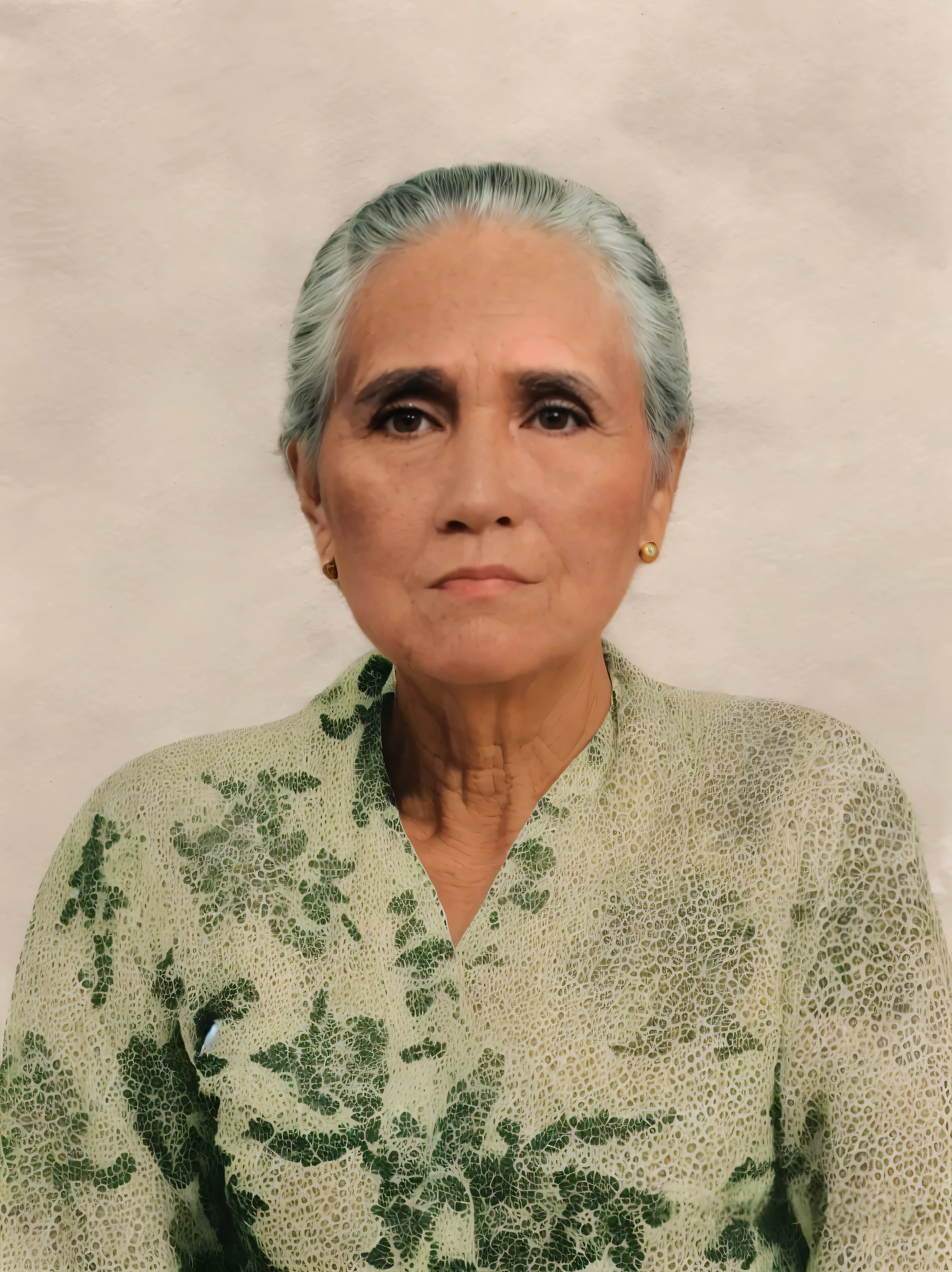 Make this photo look very realistic and very detailed, there is a old woman with a green batik kebaya, 7 0 years old woman, an indonesia, portrait n - 9, potrait, photo of a woman, a colorized photo,very detailed potrait, realistic portrait photo, profile portrait, very detailed face, very realistic face, very perfected face, very detailed clothes, very realistic clothes, very perfected clothes.