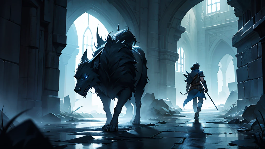 Solo warrior walking through a dark dungeon. Epic Quality. Hi-rez image.