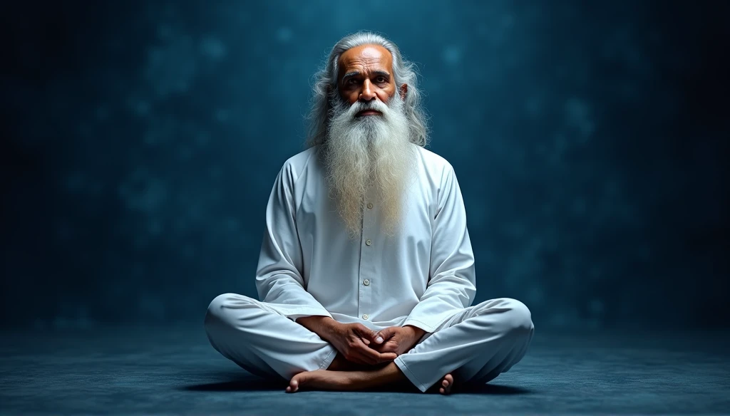 (best quality,4k,8k,highres,masterpiece:1.2),ultra-detailed,(realistic,photorealistic,photo-realistic:1.37),portrait,((Sadhguru:1.1)) meditating,yogi with long white beard, HAPPY SMILING, deep concentration,,body relaxed,lotus position,serenity and wisdom reflecting, front angle, Big light,hinduism, NAVY BLUE ROYAL BACKGROUND majestic, in the center, facing the camera, Beautiful image, epic cinematic shot, Ultra photo realsisim, 8K,