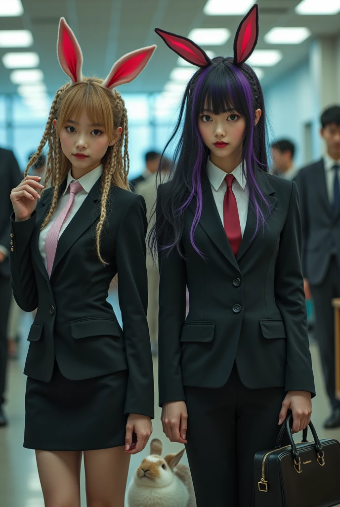 A photo of a seductive Japanese woman, 2, dressed in an elegant suit and business shirt, wearing a bunny girl costume, smiling calmly and talking to the woman beside her, taken from an oblique angle in a crowded office.、Her hair is in rainbow-colored dreadlocks and she has rabbit ears on top of her head.、The photo shows her with a small chest and a calm expression.、It shows her inner peace and outer charm.。The rabbit next to her is holding a business bag and staring at the woman from below.。