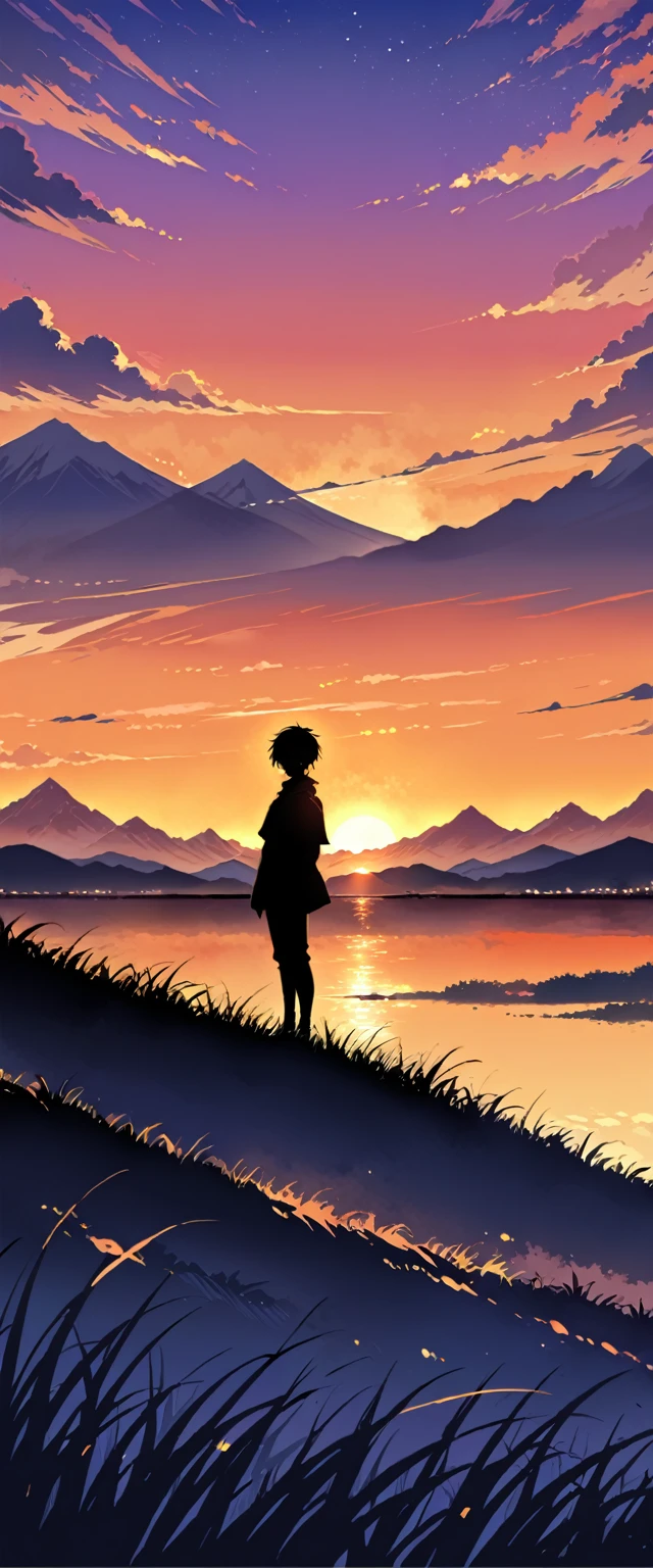 sunset, sky (sunset), scenery, orange sky, evening, 1boy, sunset sky, solo, outdoors, mountain, cloud, horizon, standing, grass, short hair, nature, silhouette, mountain range