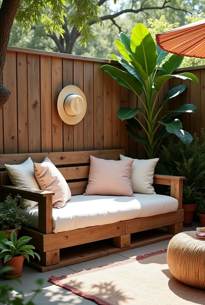 added a cozy pallet wood daybed to a corner of this backyard that creates a comfy, laid-back spot to hang out in fair weather. The weathered pallet wood complements the adjacent brick wall and reclaimed wood fence. Boho-style touches like a straw hat on the wall, a tropical-style floor umbrella, and plenty of plants makes it feel inviting.