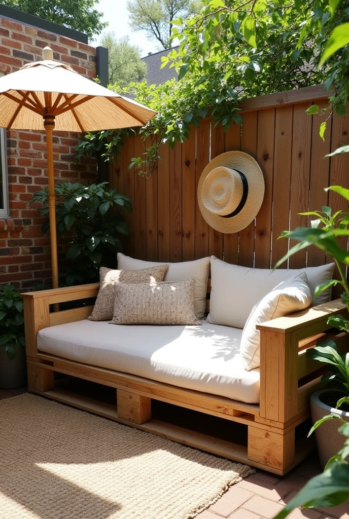 added a cozy pallet wood daybed to a corner of this backyard that creates a comfy, laid-back spot to hang out in fair weather. The weathered pallet wood complements the adjacent brick wall and reclaimed wood fence. Boho-style touches like a straw hat on the wall, a tropical-style floor umbrella, and plenty of plants makes it feel inviting.