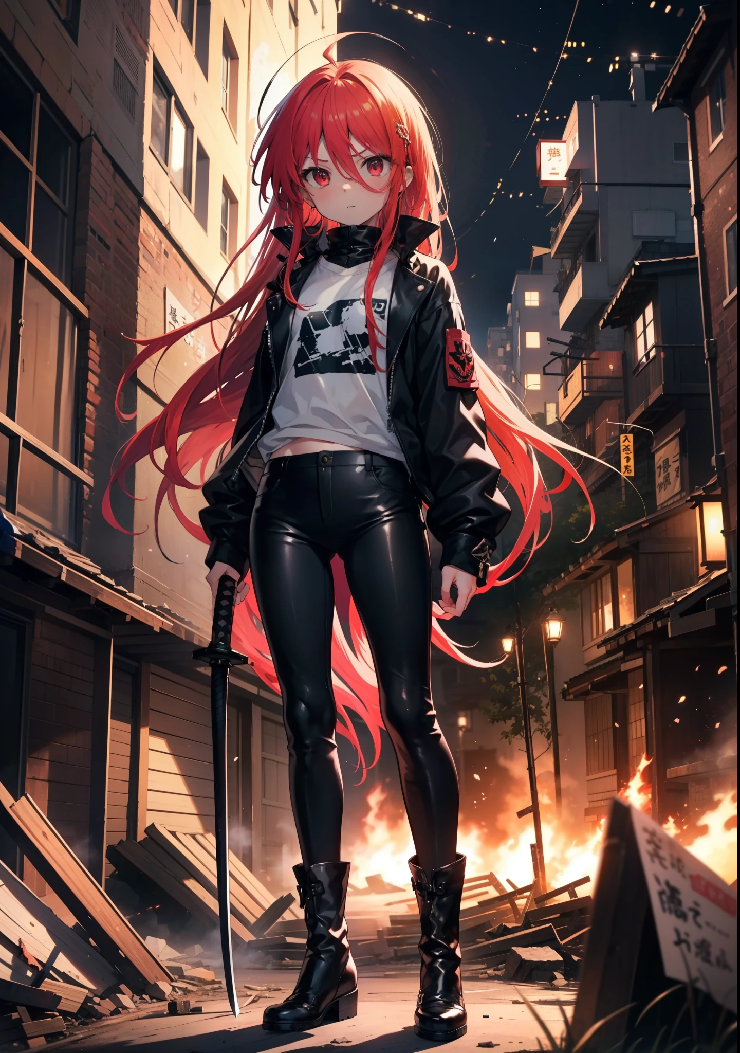 Shana,灼眼のShana,Long Hair, Redhead, Red eyes, Ahoge,Small breasts,Serious face,Black rider jacket,black t-shirts,Leather pants,boots,rubble,The town is collapsing,Explosive flame,A long Japanese sword engulfed in flames:One is stuck in the ground,night,moonlight,Are standing,whole bodyがイラストに入るように,　　　　　　　　　　　　　break outdoors, construction area,　　　　　　　　　　　　　　　break looking at viewer, whole body, 　　　　　　　　break (masterpiece:1.2), Highest quality, High resolution, unity 8k wallpaper, (shape:0.8), (Beautiful attention to detail:1.6), Highly detailed face, Perfect lighting, Highly detailed CG, (Perfect hands, Perfect Anatomy),