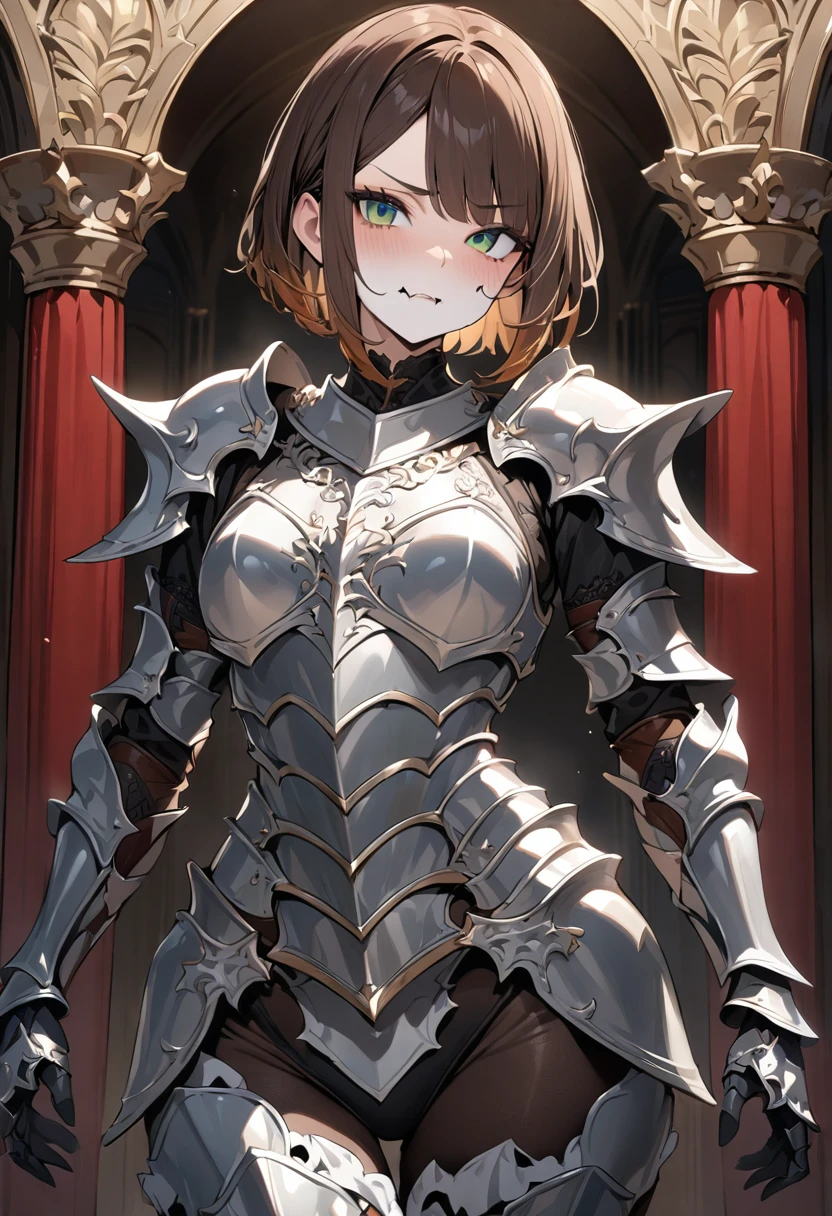 (masterpiece, top quality, very aesthetic, 4k、illustration), ()、intricate detail, 1woman,solo,contrapposto 、(gradient eyes、tareme)、very short hair、asymmetrical bangs,Fair skin,(cowboy shot)、beautiful women、clear face、Serious Face、(Full Plate Armor),beautiful face、(gradient hair)、(brown hair)、sidelock ,,green eyes、Knight Armor、Full Body silver Armor、medium breasts、slender 、