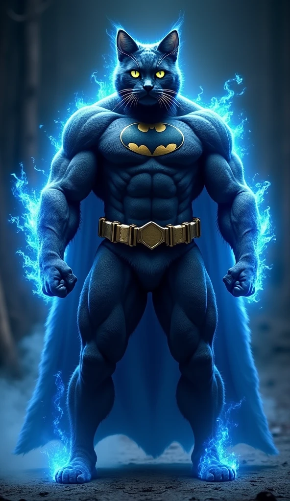 A burly blue cat shaped like Batman, add blue flame effect on each side of the body