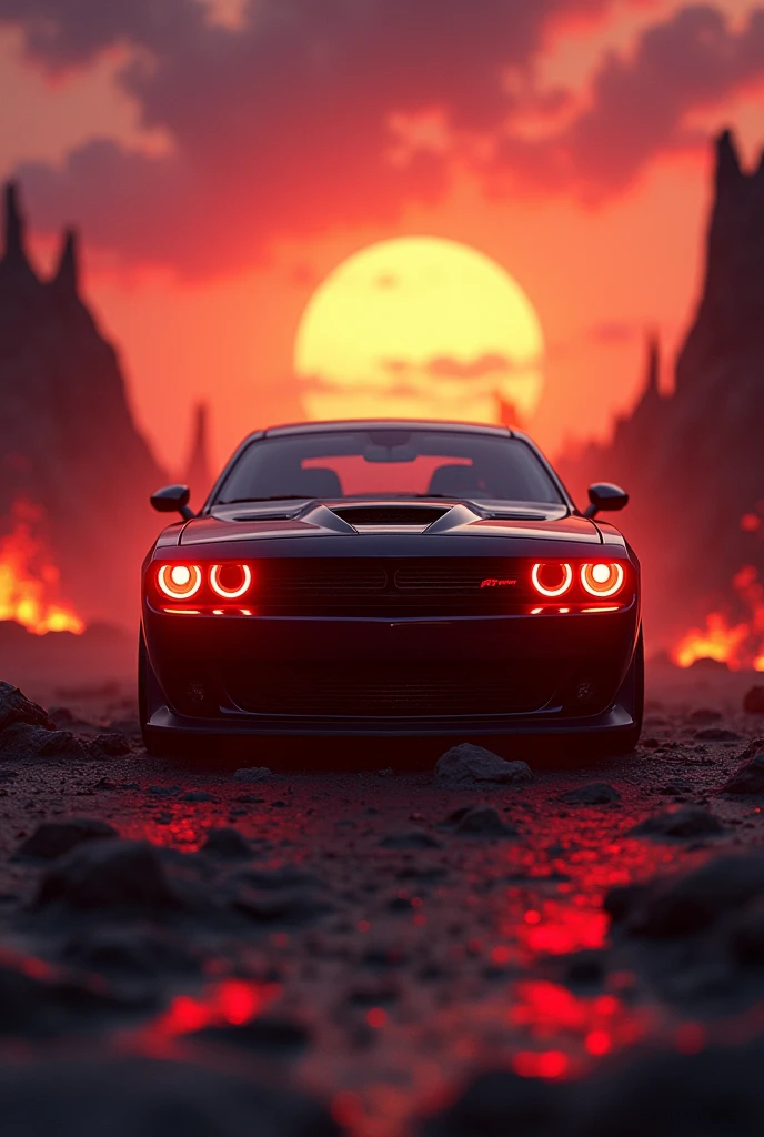 Dodge Challenger with devil eyes in sunset in the hell 