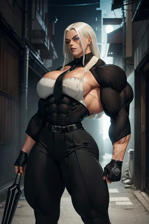 ((Close-up)), tall, (White hair) beautiful muscular woman, long straight hair, light brown skinned, closed smile, (black lipstick), (massive muscles), (hyper muscle), ((ginormous bulky muscles)), glowing blue eyes, ((black long sleeve pleated shirt)), ((formal pants)), (fingerless gloves), (carrying a baseball bat), neck tie, boots, night in Japan alley, 