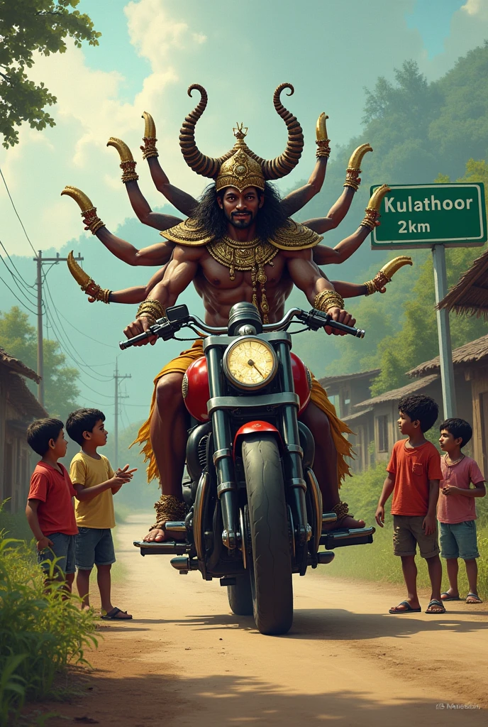 10 head lankapathi Ravana is riding a motorcycle in a village road. A group of children's is asking something. talking to him. A green colour road signboard is there and wrote KULATHOOR 2KM