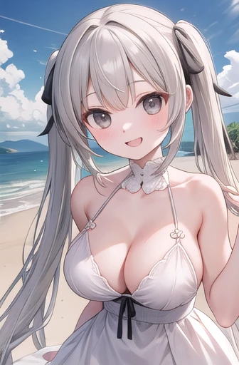 masterpiece, Highest quality, Beach, kasugano sora, Happy, Exposing shoulders, White Dress, Gray Hair, Twin tails, Long Hair, Hair Ribbon, View your viewers,Large Breasts 