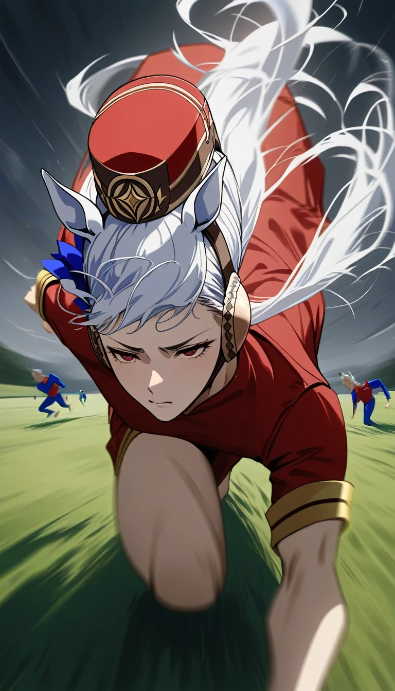 masterpiece,Highest quality,high resolution,gold_ship_umamusume,White Hair,Red clothes,Run in a forward-leaning position,Running on the lawn,Wear the Wind,Dark Days,White horse ears on his head,Blue thunder