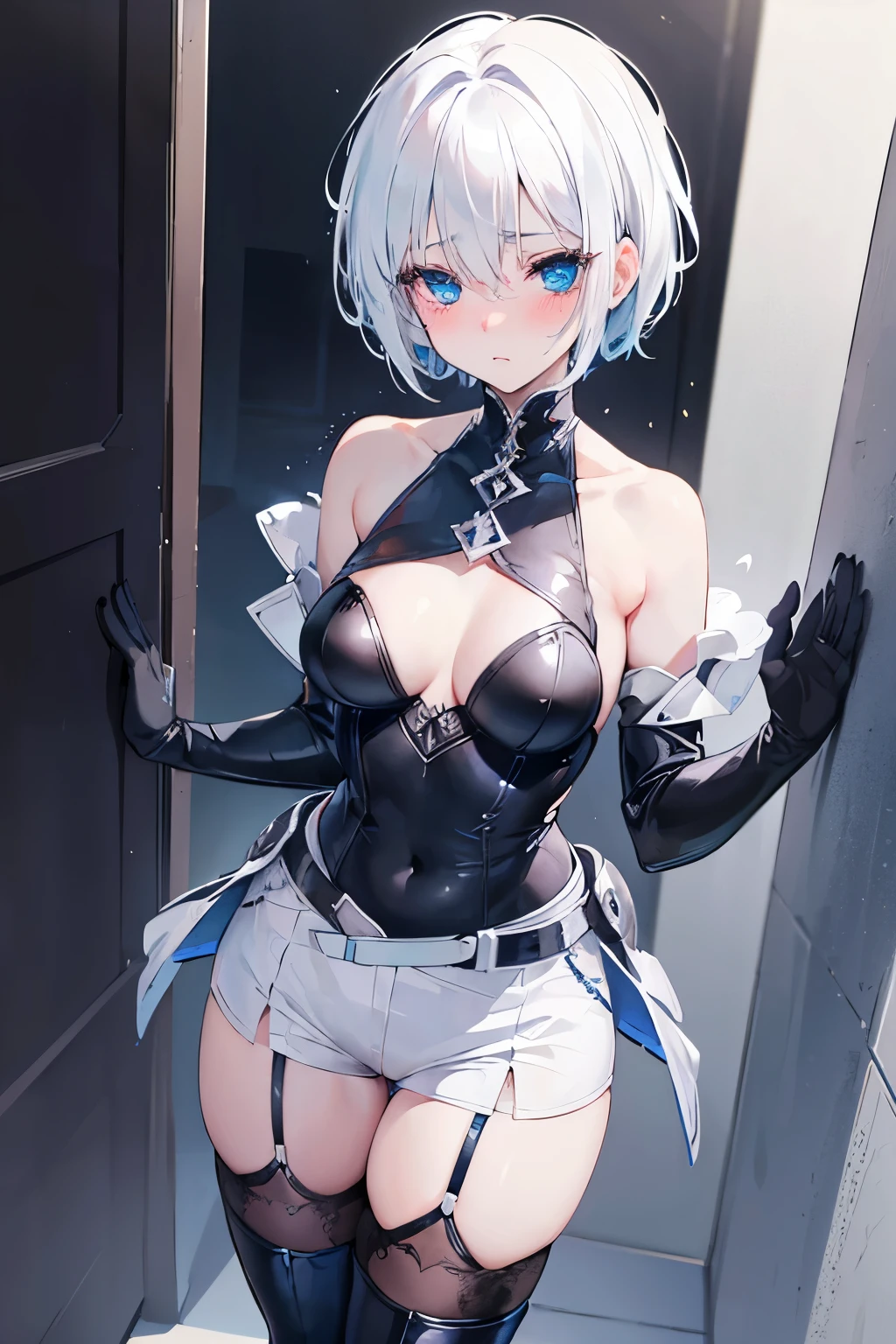 Blue eyes, white hair, very short hair, cross-dressing, knight, black gloves, pants, beautiful girl, surprised, blushing, teary eyes, changing clothes, cute, worried brow, chest, nipples, legs, black mesh