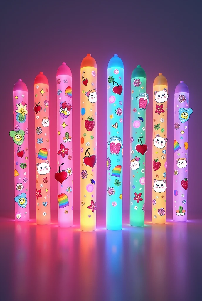create a lightstick for the gatitas group. formed by 10 girls who like the Korean group seventeen and are very lively, happy and outgoing. crie 10 lightsticks, one of each color. A rose, one blue, a green, a yellow, a purple one, a cyan, one white, a purple one escuro, one red and one orange. put cherries, Strawberries, diamonds, flowers, LGBT symbols, kittens and the Seventeen group symbol