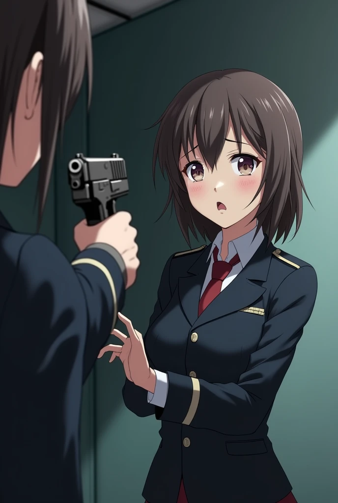 In the anime、FPS,ass pov,First-person view,Surprised face,Viewer points gun at girl in military uniform,Watery eye